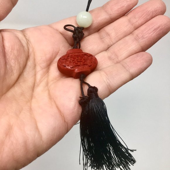 Mini Chinese Knot Red Cinnabar Bead Black Tassel Hanging Pendant Charm - Picture 8 of 16